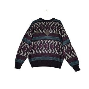 Impact Mens Geometric Texture Knit Sweater Purple Teal Leather Trim Medium VTG